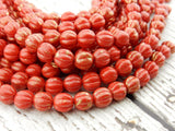 OPAQUE RED Marbled GOLD Melon Beads /8mm /Czech Glass Beads /Strand 25 Beads /Marbling Fluted Round Carved Pumpkins Melons