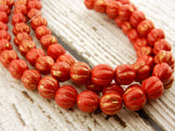 OPAQUE RED Marbled GOLD Melon Beads /8mm /Czech Glass Beads /Strand 25 Beads /Marbling Fluted Round Carved Pumpkins Melons