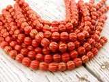 OPAQUE RED Marbled GOLD Melon Beads /8mm /Czech Glass Beads /Strand 25 Beads /Marbling Fluted Round Carved Pumpkins Melons