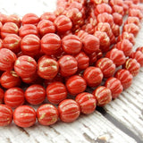 OPAQUE RED Marbled GOLD Melon Beads /8mm /Czech Glass Beads /Strand 25 Beads /Marbling Fluted Round Carved Pumpkins Melons