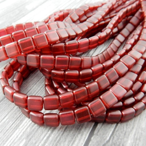 Pearl Lights Claret Tile Beads /Wine Red Squares CzechMates 2 hole /6mm /Czech Glass Two Hole Tiles /Qty 25 Great Leather Wrap Beads