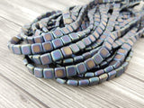 CzechMates Tile Beads, IRIS BLUE MATTE 2 hole, 6 mm, Czech Glass Two Hole Square Tiles, Qty 25, Gorgeous Leather Wrap Beads