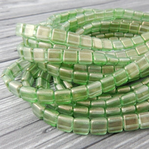 HALO VERONA Green Czech 6mm Tile Beads / Czechmates 2 hole / 6 mm Two Hole Tiles /Qty 25 Gorgeous Green w Gold Shimmer Color Squares