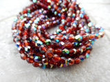 RUBY VITRAIL 3mm Faceted Round Czech Glass Beads Qty 50 / Firepolished Small /Gorgeous RUBY with Vitrail Finish Beads