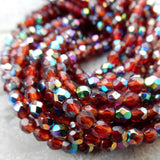 RUBY VITRAIL 3mm Faceted Round Czech Glass Beads Qty 50 / Firepolished Small /Gorgeous RUBY with Vitrail Finish Beads