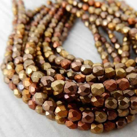 Matte Metallic Gold Iris Faceted Round Czech Glass Beads 3mm Qty 50 Gold Suede Firepolished Tiny Beads