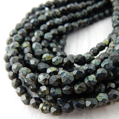 MATTE JET PICASSO Faceted Round Czech Beads, 3mm Czech Glass Beads Qty 50 Firepolished Tiny Black Czech Beads