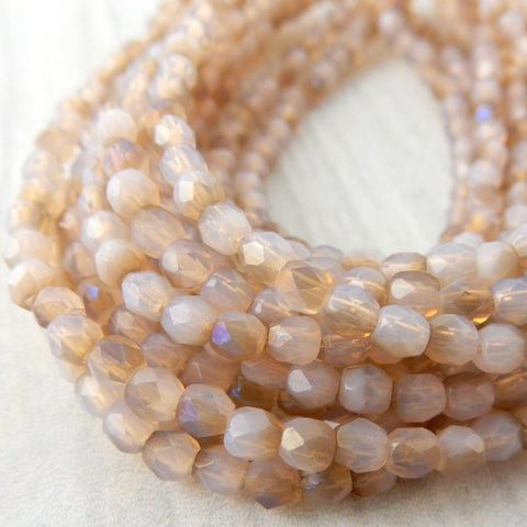 SOFT PINK Opaque Luster Iris 3mm Faceted Round Czech Glass Beads/ Fire Polish Bead / Qty 50 Firepolished Tiny Soft Pink Beige 