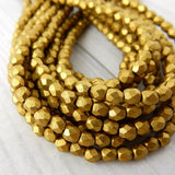 METALLIC AZTEC GOLD Matte Faceted Round Czech Glass Beads 3mm Qty 50 Firepolished Tiny Golden Yellow Beads