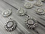 SUNFLOWER Charms, Antique Silver, Qty 4 to 20, Tierracast, Flower Charm Drops, Tierra Cast Charm