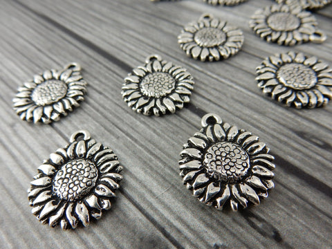 SUNFLOWER Charms, Antique Silver, Qty 4 to 20, Tierracast, Flower Charm Drops, Tierra Cast Charm