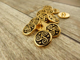 TRISKELE CELTIC Button Tierracast Buttons Qty 4, Antique Gold Round Metal Shank Button, Great for Leather Wraps or Focal Clasps