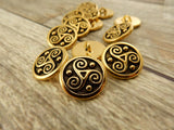 TRISKELE CELTIC Button Tierracast Buttons Qty 4, Antique Gold Round Metal Shank Button, Great for Leather Wraps or Focal Clasps