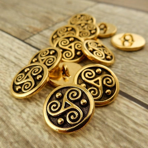 TRISKELE CELTIC Button Tierracast Buttons Qty 4, Antique Gold Round Metal Shank Button, Great for Leather Wraps or Focal Clasps