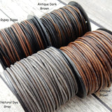 Brown Leather Cord Qty 4 Yards or 24 Yard Spool, 1.5mm Round Cording, Great Wrap Bracelets, Natural Dye Gray, Antique Brown, and Gypsy Sippa