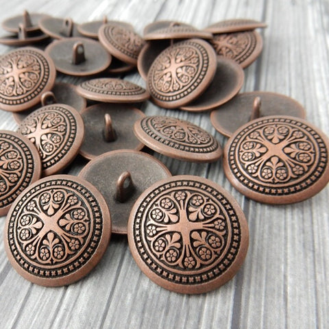 Tapestry Metal Buttons, Antique Copper, Round Shank Back, 23mm Qty 4 Hearts Flowers and Cross, Great Leather Wrap Clasps or Clothing Buttons