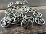 OPEN TRISKELE Buttons, TierraCast CELTIC Buttons, 16mm Qty 4 to 20 Antique Silver, Round Tri Swirl Metal Buttons, Leather Wrap Clasps