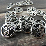 OPEN TRISKELE Buttons, TierraCast CELTIC Buttons, 16mm Qty 4 to 20 Antique Silver, Round Tri Swirl Metal Buttons, Leather Wrap Clasps