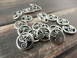 OPEN TRISKELE Buttons, TierraCast CELTIC Buttons, 16mm Qty 4 to 20 Antique Silver, Round Tri Swirl Metal Buttons, Leather Wrap Clasps