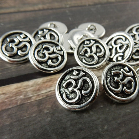 TierraCast Buttons, OM Metal Buttons Antique 16mm Silver Round Shank Buttons, Qty 4 to 20, Great Button for Leather Wraps or Focal Clasps