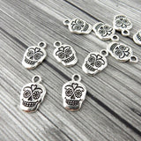 Sugar Skull Charms, 18mm Tierracast Day of the Dead, Rose Skull, Qty 4 Antique Silver Skeletons, Great to make Day of the Dead Jewelry