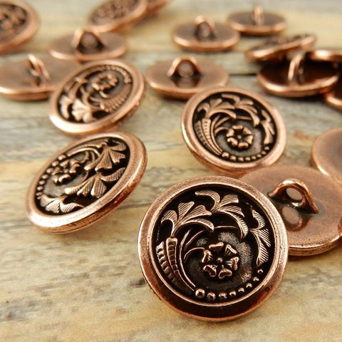 CZECH FLOWER Button Tierracast Buttons, Qty 4, Antique Copper Round Metal Shank Button, Great for Leather Wraps or Focal Clasps