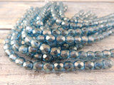 HALO SHADOWS 6mm Faceted Round Czech Glass Beads, Qty 25 Faceted Fire Polished, Gorgeous Blue with Soft Shimmery Gold Highlights