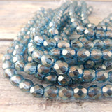 HALO SHADOWS 6mm Faceted Round Czech Glass Beads, Qty 25 Faceted Fire Polished, Gorgeous Blue with Soft Shimmery Gold Highlights