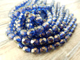 HALO ULTRAMARINE 6mm Faceted Round Czech Glass Beads Qty 25 or 50 Fire Polished /Gorgeous Deep Blue with Soft Shimmery Gold Highlights