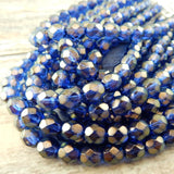 HALO ULTRAMARINE 6mm Faceted Round Czech Glass Beads Qty 25 or 50 Fire Polished /Gorgeous Deep Blue with Soft Shimmery Gold Highlights