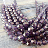 HALO REGAL 6mm Round Beads /Faceted Czech Glass Beads Qty 25 or 50 Fire Polished /Gorgeous Rich Purple with Metallic Gold Finish