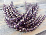 HALO REGAL 6mm Round Beads /Faceted Czech Glass Beads Qty 25 or 50 Fire Polished /Gorgeous Rich Purple with Metallic Gold Finish