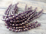 HALO REGAL 6mm Round Beads /Faceted Czech Glass Beads Qty 25 or 50 Fire Polished /Gorgeous Rich Purple with Metallic Gold Finish