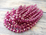 HALO MADDER ROSE 6mm Round Beads, Faceted Czech Glass Beads Qty 25 Fire Polished, Gorgeous Deep Rose Pink with Metallic Gold Finish