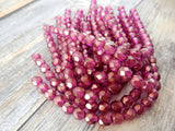 HALO MADDER ROSE 6mm Round Beads, Faceted Czech Glass Beads Qty 25 Fire Polished, Gorgeous Deep Rose Pink with Metallic Gold Finish