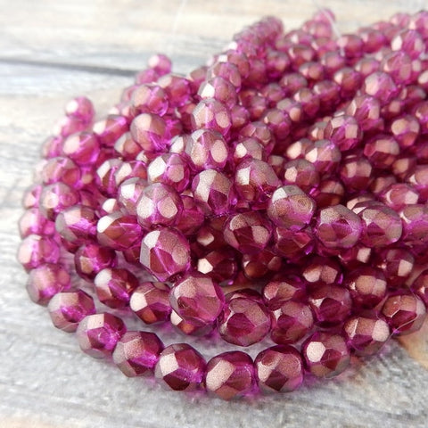 HALO MADDER ROSE 6mm Round Beads, Faceted Czech Glass Beads Qty 25 Fire Polished, Gorgeous Deep Rose Pink with Metallic Gold Finish