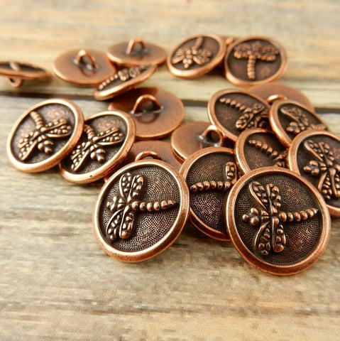 DRAGONFLY Button Tierracast Buttons / 17mm Antique Copper Qty 4 to 20 / Round Metal Buttons 5/8”/ Great for Leather Wraps or Focal Clasps