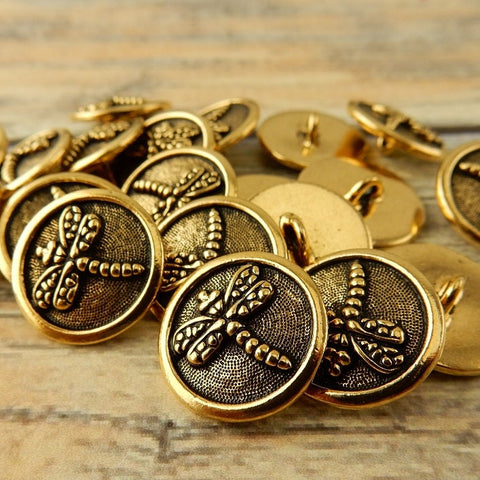 DRAGONFLY Buttons, Dragon Fly TierraCast Metal Buttons, Qty 4, Antique Gold 17mm Round Buttons, 5/8” Great for Leather Wraps or Focal Clasps