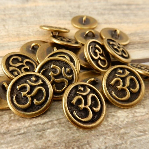 TierraCast Buttons, OM Metal Buttons 16mm Antique Brass, Qty 4 to 20, Round Metal Shank Buttons, Great for Leather Wraps or Focal Clasps