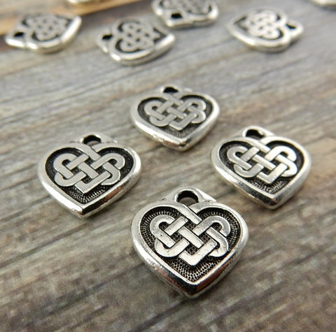 Celtic Heart Charms, Antique Silver, Tierracast, 14mm Double Sided Celtic Knot Heart Pendants, Tierra Cast, Small Heart Drops