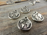 Earth Charm Drops Antique Silver TierraCast Double Sided Pendants, Planet Earth with Continents, Earth Drop, Tierra Cast, Earth Day Charms,