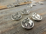 Earth Charm Drops Antique Silver TierraCast Double Sided Pendants, Planet Earth with Continents, Earth Drop, Tierra Cast, Earth Day Charms,