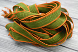 Olive Silk Ribbons, Qty 5,  Hand Dyed Silk Strings, Crinkle Silk Ribbons, Green Ribbons, Jewelry Stringing Supplies Silk Wrap Bracelets