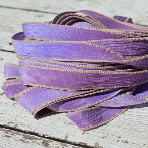 Lavender Fields, Hand Dyed Silk Ribbons, Qty 5 Crinkle Silk Ribbon Strings Purple Lavender Lilac, Wrap Bracelets, Bridal Flower Bouquet Trim