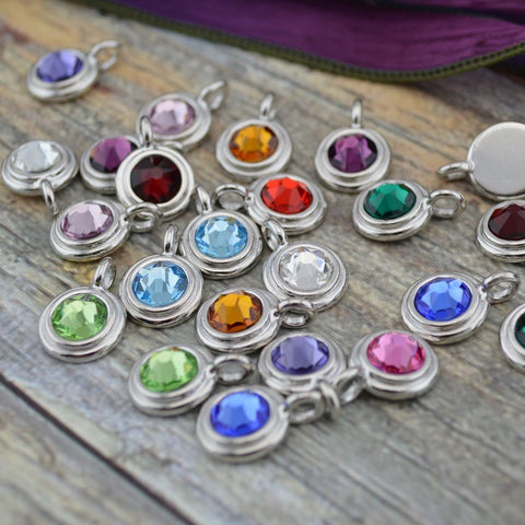 Birthstone Charms Bright Rhodium TierraCast Charms Swarovski Crystals Silver Charms Qty 1 to 6 Tiny Charm Drops, Silk or Leather Wrap Charms